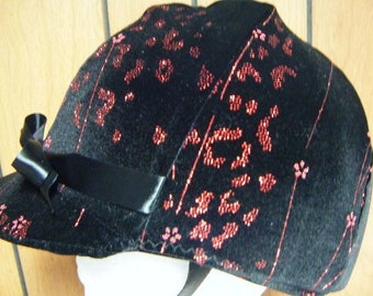 Clearance English Helmet English/Hunt Covers/Lycra Velvet with Red Glitter, Beads and Flower Print/  Show English Helmet Cover