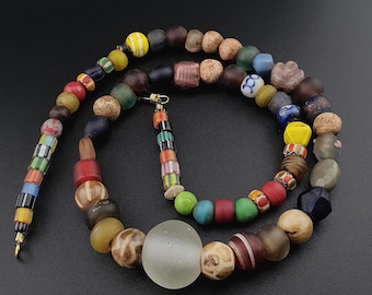 Vintage African Asian Glass Bead Necklace: Tribal Pumtek Pyu Jewelry