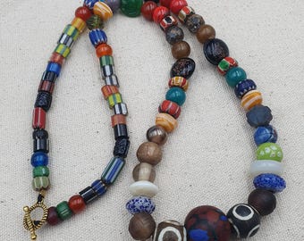 Vintage Mixed Ethnic African Asian Glass & Pumtek Pyu Beads Necklace – Handmade Tribal Statement Jewelry