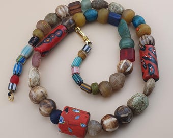 Vintage Mix Asian African Glass & Pumtek Pyu Wood Stone Beads Necklace