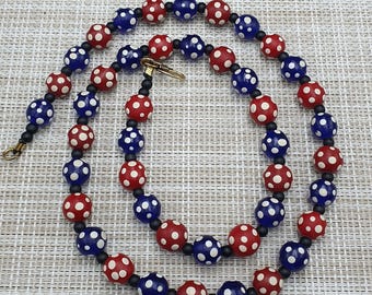 Vintage Venetian Style Skunk Dotted Red & Blue Glass Beaded Necklace