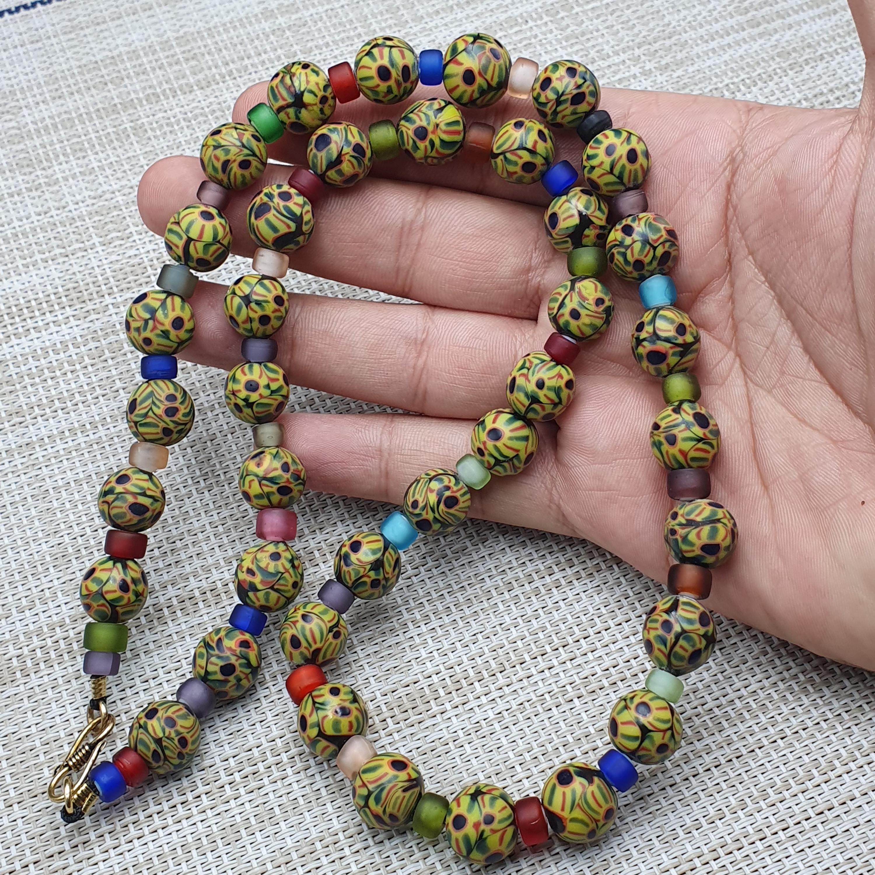 Collier Vintage Perles De Verre Vénitien - Style Bohème Avec Chevron Et Mauvais Yeux - Fait Main En Italie