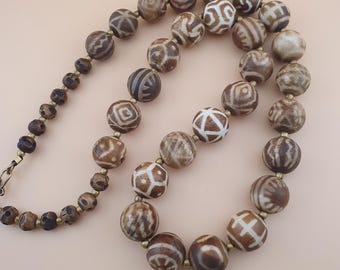 Burmese Ancient Style Pumtek Pyu Beads & Skull Shape Bone Beads Necklace