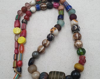 Vintage African Asian Glass & Pumtek Pyu Bead Necklace: Handmade Ethnic Jewelry