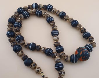 Collier Touareg Perles Bleues Et Lapis Lazuli - Artisanat Africain, Longueur 36-40 Cm, Argent
