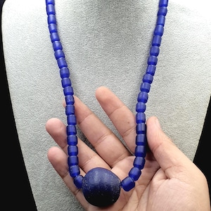Vintage Cobalt Blue African Style Glass Beads With Big Old Blue Glass pendant Necklace