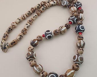 Vintage Burmese Pumtek Pyu & Antique Skull Shape Bone Beads Necklace