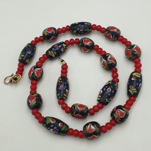 Antique Inspired Venetian Style Floral Glass with Venetian WhiteHeart Beaded Necklace