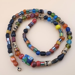 Vintage African Glass & Bone Beads Necklace, Handmade Statement Jewelry, Ethnic Boho Style Accessory, Tribal Unique Gift for Her