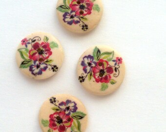 Set of 12 Wood Flower Buttons, Painted Wood Buttons, Round Wooden Buttons,  Buttons - set of 12