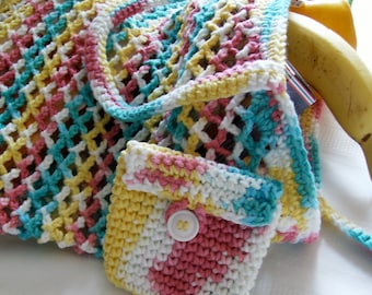 Crochet Tote Bag, Market Bag, Grocery Bag, Shopping Bag, Book Bag, Book Tote and Coin Purse  - 100% Cotton yarn
