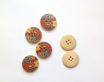 Set of 10 Wood Flower Buttons, Painted Wood Buttons, Round Wooden Buttons,  Buttons - set of 10