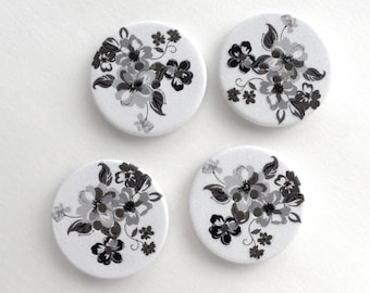 Set of 10 Wood Flower Buttons, Painted Wood Buttons, Round Wooden Buttons, White and Black Painted Buttons  - set of  10