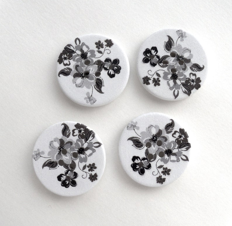 Round Wooden Buttons Wood Flower Buttons White and Black Painted Buttons set of 6 Painted Wood Buttons