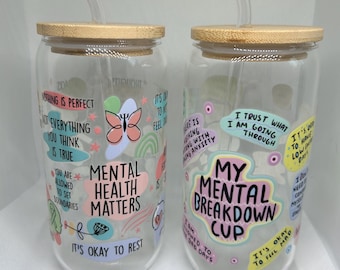 Vaso de cristal para la salud mental: vibras positivas, tapa y pajita, regalo de cumpleaños