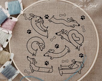 Patrón de bordado a mano de perro salchicha, diseño imprimible (descarga digital)