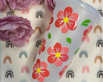 Vaso térmico floral con tapa y pajita, vajilla con diseño floral, regalo sostenible, regalo de cumpleaños