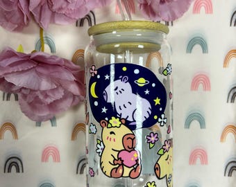 Vaso de vidrio Capybara con tapa y pajita, taza ecológica