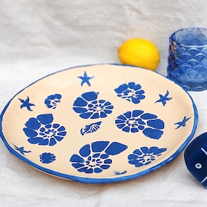 Handmade Ceramic Plate with Blue Shells and Starfish – Nautical Coastal Decor / Ocean-Inspired Pottery