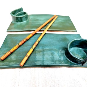 Handmade Ceramic Sushi Plate Set – Green Pottery Dinnerware – Unique Japanese Serving Set – Modern Minimalist Gift