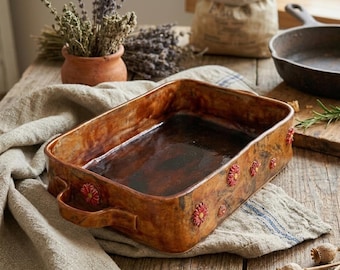 Teglia da forno in ceramica fatta a mano / Casseruola rustica in terracotta con fiori