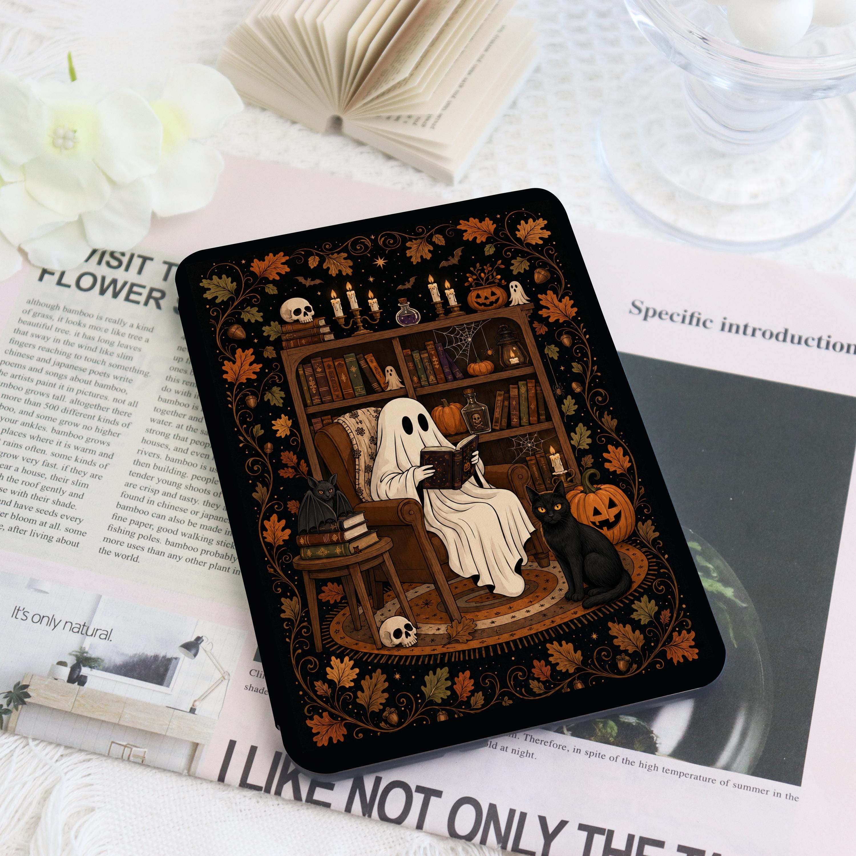 Cozy Reading Ghost Kindle Case with Hand Strap, Vintage Halloween Cover for Paperwhite 12th/11th Gen, Colorsoft, Kobo Clara, Bookish Gift