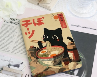 Ramen Loving Black Cat Design for Paperwhite Case With Hand Strap, 10th/11th/12th Gen, Kindle Paperwhite Kobo Clara/Libra Cover for Readers