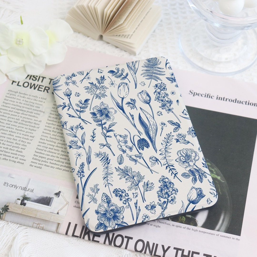 Blue Floral Kindle Custom Case With Hand Strap for Paperwhite 1/2/3/4 ...