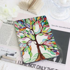 May include: A rectangular object featuring a tree design with a brown trunk and branches. The leaves are a mix of red, yellow, green, and blue. The background is white, and the design is detailed.