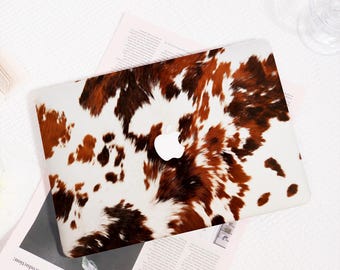 Brown Cow Print MacBook Case, Vintage Western Cowhide Hard Shell Laptop Cover, Aesthetic Animal Print Case for Air 13/15, Pro 13/14/15/16
