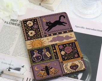 Boho Gothic Kindle Case with Hand Strap, Black Cat Celestial Floral Cover for Paperwhite 12th/11th Gen, Colorsoft, Kobo Clara, Bookish Gift