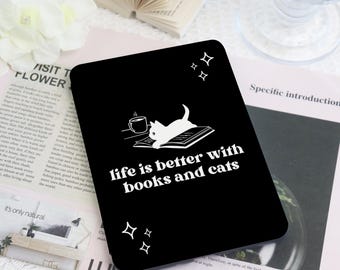 Cat And Books Kindle Custom Case With Hand Strap For Paperwhite 1/2/4,Kindle 2022,Kindle 10th 11th Gen,Colorsoft Cover,kindle case