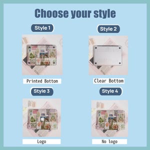 May include: Image showcasing four laptop case styles. Style 1 features a printed bottom with a floral design. Style 2 has a clear bottom. Style 3 includes a logo, while Style 4 has no logo. The text "Choose your style" is at the top.