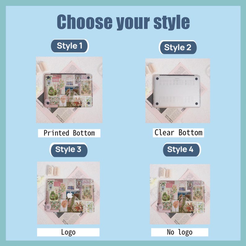 May include: Image showcasing four laptop case styles. Style 1 features a printed bottom with a floral design. Style 2 has a clear bottom. Style 3 includes a logo, while Style 4 has no logo. The text "Choose your style" is at the top.