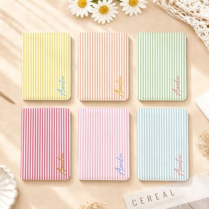 Peut inclure: Six porte-passeports rectangulaires avec des rayures verticales jaune, pêche, vert clair, rose foncé, rose clair et bleu clair. Chaque étui affiche le nom Amelia en écriture cursive imprimé dans le coin inférieur droit.