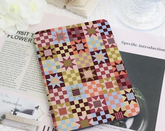 Colorful Patchwork Kindle Case with Hand Strap, Star Checkered Cover for Paperwhite 12th/11th Gen, Colorsoft, Kobo Clara, Book Lover Gift