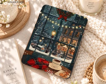 Custom Snowy Christmas Cafe Kindle & Kobo Case with Hand Strap, Fits Kindle Paperwhite 12th Gen 7", Kobo Clara 6", Personalized Gift For Her