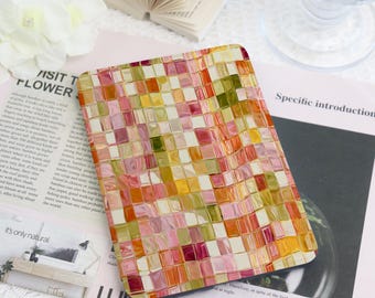 Abstract Mosaic Kindle Case with Hand Strap, Pink Orange Abstract Art Cover for Paperwhite 12th/11th Gen, Colorsoft, Kobo Clara Gift