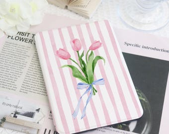 Pink Striped Tulips Kindle Case,Custom Cover for Paperwhite 1/2/3/4,Kindle 2022/2024,Auto Sleep/Wake,Kindle Paperwhite Case,Gift for Her
