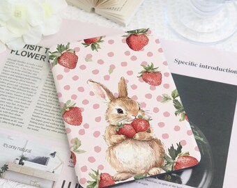 Cute Strawberry Bunny Kindle Case Custom for Paperwhite 1/2/3/4 With Auto Wake/Sleep,Kindle 2022 2024,Kindle Paperwhite Cover,Gift for Her