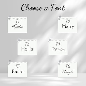 May include: Image featuring six sticky notes with different font options for text. Each note is attached with a paper clip and displays a name: Laila, Marry, Hollis, Ramon, Eman, and Aniyah. The phrase "Choose a Font" is written at the top in cursive.