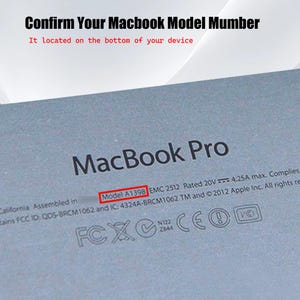 May include: Close-up of a MacBook Pro label with the text "Confirm Your Macbook Model Number". The model number A1398 is highlighted in a red box. The text "It located on the bottom of your device" is also visible.