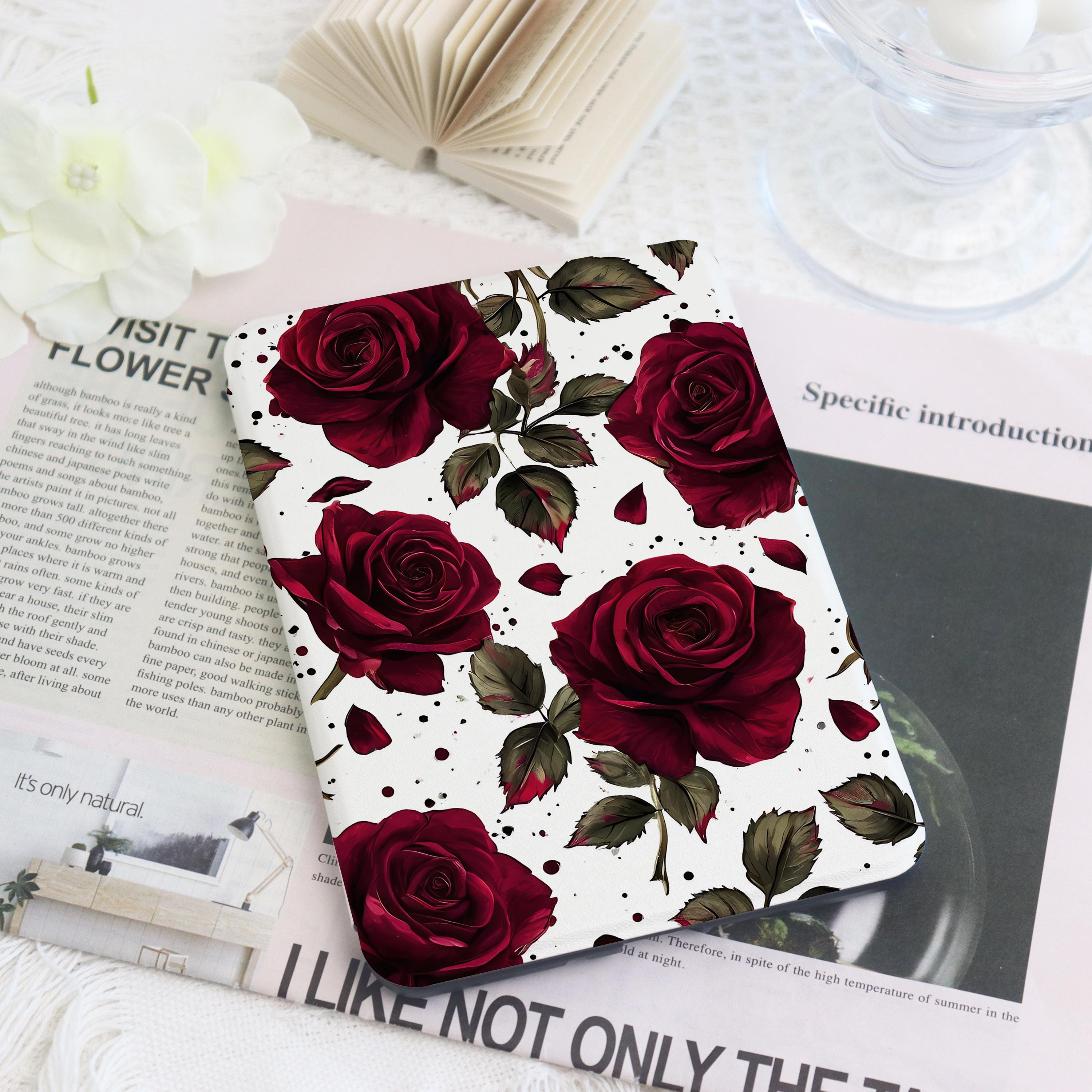 Red Rose Kindle & Kobo Case with Hand Strap, E-Reader Cover for 2024 New Kindle Paperwhite 12th Kindle Kobo Clara Case Bookish Gift for Her