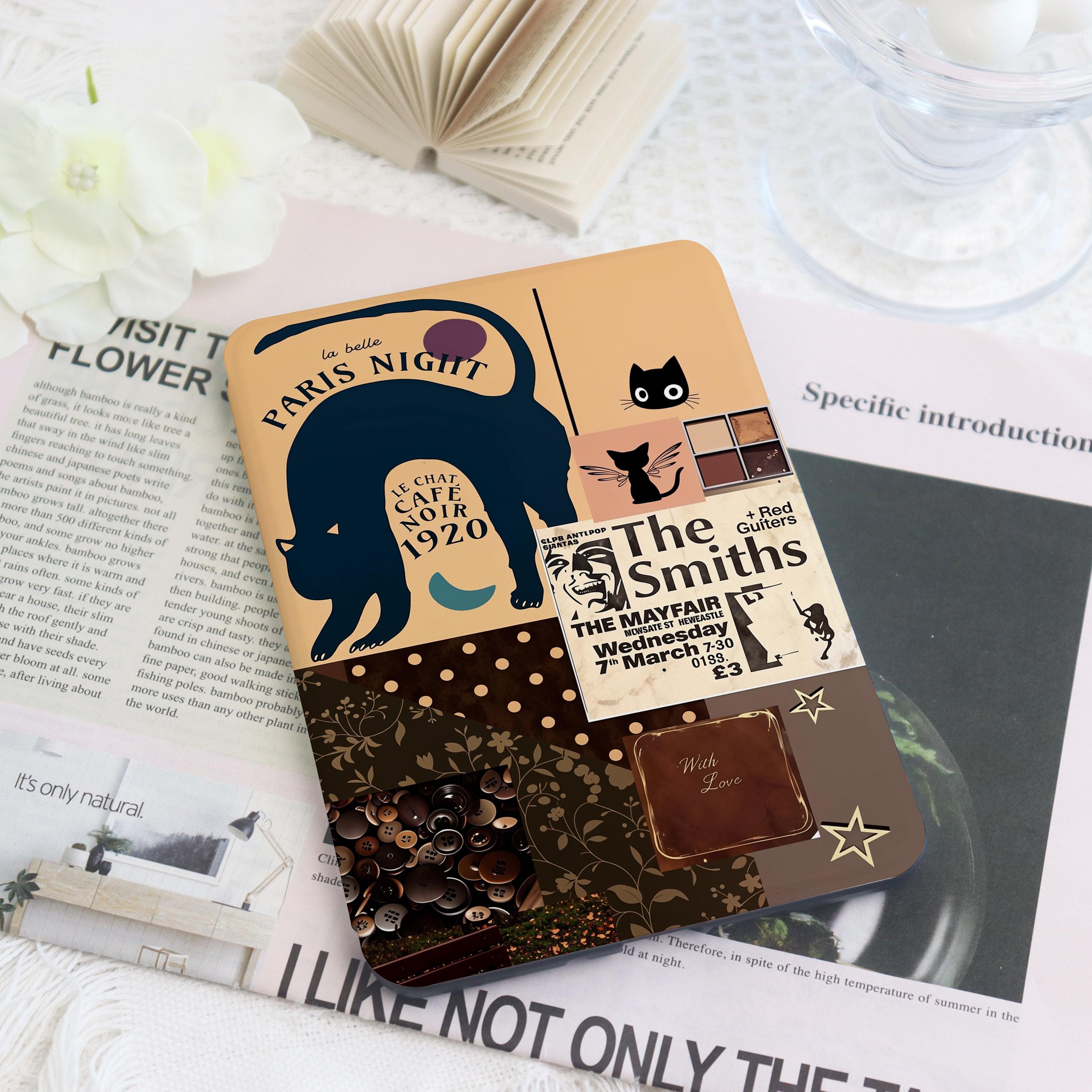 Vintage Black Cat Kindle & Kobo Case with Hand Strap, Dark Academia Collage E-Reader Cover for Paperwhite 12th Gen, Kobo Clara, Reader Gift