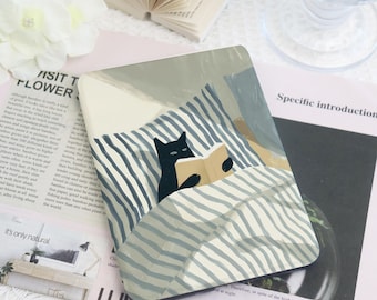 Bookworm Cat Kindle Cover & Cat Reading in Bed, Stripes Design, Personalized for Kindle Paperwhite 12th, Kindle Colorsoft, Kobo Clara Libra