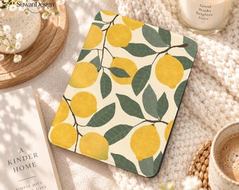 Custom Yellow Lemon and Leaves Kindle Case with Hand Strap, Cover for Kindle Paperwhite 12th 7", Kobo Clara 2E 6", Personalized Gift For Her