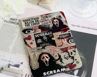 Ghostface Scream Horror Collage Kindle Kobo Case With Hand Strap, Newspaper Print PW12 PW11 Clara Libra Colorsoft Booktok Reader Fan Gift