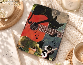 Personalized Black Cat Kindle&Kobo Case with Hand Strap,Guitar Music Collage Cover for Paperwhite 12/11th,Colorsoft,Kobo Clara,Gifts For Her