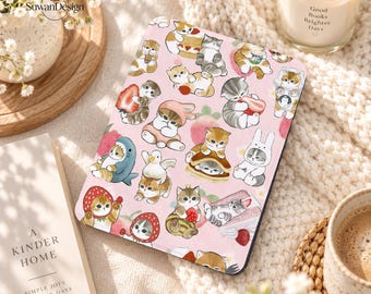 Custom Cute Cat Kindle & Kobo Case with Hand Strap,Strawberry Kawaii Kitty Cover for Paperwhite 12th/11th,Colorsoft,Kobo Clara,Gifts For Her