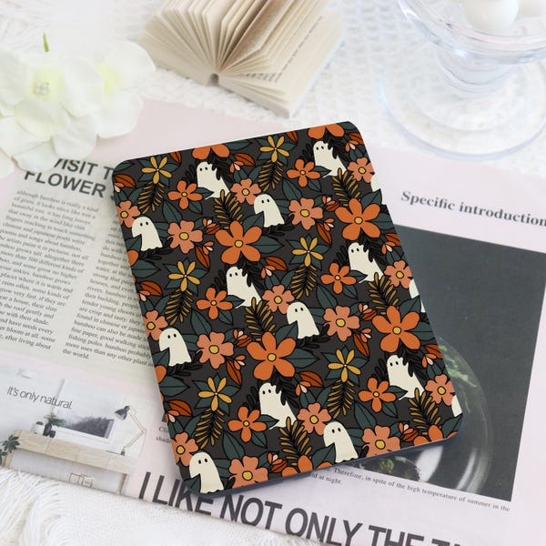 Ghost Floral Kindle & Kobo Case with Hand Strap, E-Reader Cover for 2024 New Kindle Paperwhite 12th Kindle Kobo Clara Case, Bookish Gift